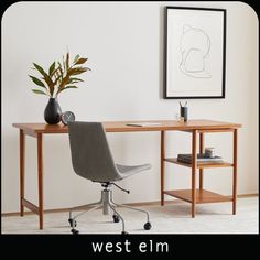 a desk with a chair and plant in front of it