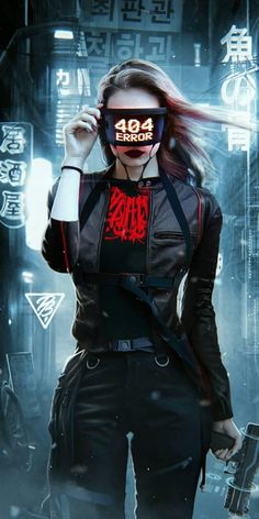 a woman with red hair and glasses holding a cell phone to her face while standing in an alleyway