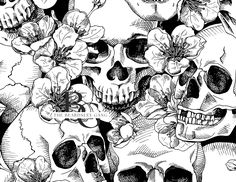 black and white drawing of skulls with flowers