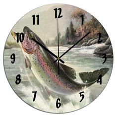 a clock with a painting of a rainbow fish on it's face and hands