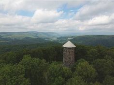 a tall tower sitting in the middle of a forest filled with lots of green trees