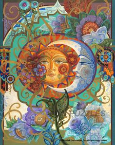 the sun and moon are depicted in this painting