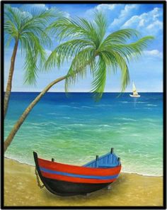 a painting of a boat on the beach with palm trees in the foreground and a sailboat in the background