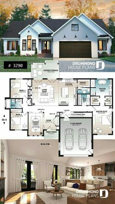 two story house plan with 3 car garage and living room in the middle, one bedroom on