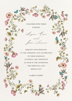 a wedding card with flowers and butterflies in the center, on white paper that says together with their families