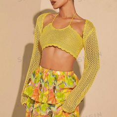 Super Cute And Stylish Ships In 5-10 Business Days Long Sleeve Knitted Tops For Beach Season, Long Sleeve Knit Crochet Top For Summer, Summer Long Sleeve Knit Crop Top, Knit Long Sleeve Crop Top For Summer, Long Sleeve Crochet Top For Summer Parties, Spring Chic Knitted Crop Top, Spring Vacation Crochet Top, Spring Vacation Crochet Knitted Top, Yellow Crochet Top For Beach Season