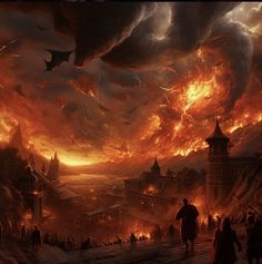 an image of a huge fire burning in the sky over a city with lots of people