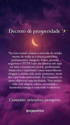 a purple sky with the moon and stars above it, as well as text that reads'decreto de prosperidade '