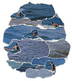 several images of people swimming in the ocean with their surfboards and one is holding a surfboard