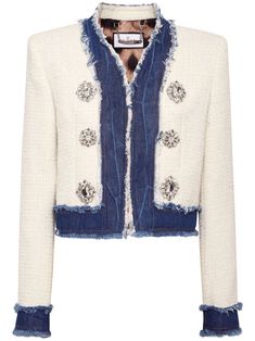 ivory white/sky blue tweed denim trim frayed detailing crystal-embellished buttons V-neck concealed front fastening shoulder pads long sleeves straight hem cropped Denim Bolero Jacket, Denim Bolero, Tweed Fashion, Embellished Buttons, Chanel Style, Leather Outerwear, Blue Tweed, White Sky, Bolero Jacket