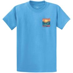 The Joe's Surf Shop Tame the Wave Surf Shirt is one of our most retro tees. This design features an old summer scene of seagulls soaring through the painted orange sky. The vibrant sun is overlooking a perfect wave to cap off a warm summer day. The finishing touch to this logo is the vintage Tame the Wave font. Tame The Wave is the theme of Joe's Surf Shop, whether you are out saltwater fishing or shredding a shore break wave. Classic Heavyweight 6.1-ounce 100% Cotton T-Shirt Printed in the USA Orange Summer Shirt With Screen Print, Blue Summer Shirt With Front Print, Blue Shirt With Front Print For Summer, Blue T-shirt For Summer Adventures In Spring, Blue Cotton Tops For Summer Adventures, Blue Crew Neck T-shirt For Summer Adventures, Blue Graphic Print Tops For Summer Adventures, Old Summer, Wave Surf