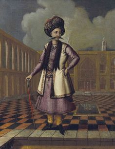 a painting of a woman standing on a checkered floor with a cane in her hand