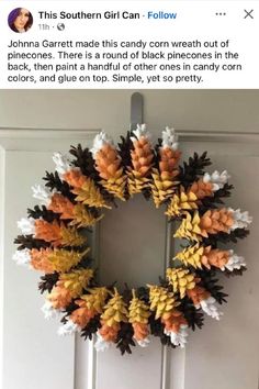 a wreath made out of fake pine cones on the front door to someone's house