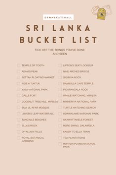 the srinka bucket list is shown on a pink background with an orange and white check