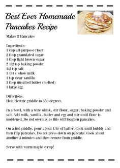 the recipe for pancakes is shown in this printable form, with instructions to make it