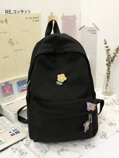 Black    Nylon   Embellished   Women Bags College Essentials, Small Laptop, Cute Backpacks, Classic Backpack, Girl Backpacks, Trendy Fashion Women, Black Nylons, School Backpacks, Black Backpack