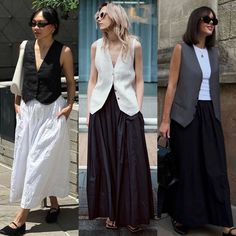 Jeans Maxi Skirt, Maxi Skirt Outfit Summer, Black Flare Skirt, Maxi Skirt Outfit, Skirt Outfit Summer, Stylish Outfits Casual, White Maxi Skirt, Vest Outfit, White Maxi Skirts