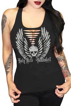 Holy Hell Bombshell Racerback Sexy Biker Tank- Black Gothic Tank Tops, Diy Cut Shirts, Bleach Shirt, Diy Outfits, Babe T Shirt, Biker Outfit, Shirt Diy, Biker T Shirts, Graphic Tops