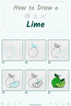 Step by step images demonstrating a how to draw a lime - A Drawing Tutorial for Kids! Green Doodles, Doodle Step By Step, Fruits Drawing, Fruits For Kids, Easy Lessons, Drawing Guide, Guided Drawing, Learn How To Draw