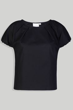 Indulge in eco-friendly fashion with our versatile Balloon Sleeve Top, a perfect addition to your wardrobe. This straight-fit top features a chic crew neck detailed with pleats, elevating its style quotient effortlessly. Crafted with elasticated puff sleeves, this top brings a touch of charm and comfort to your attire. Designed with side slits for added mobility and a trendy appeal, it pairs flawlessly with jeans, trousers, or shorts, offering versatile styling options. Elevate your sustainable Versatile Short Sleeve Top For Spring Workwear, Versatile Short Sleeve Tops For Work, Versatile Short Sleeve Workwear Tops, Stretch Short Sleeve Top For Summer Workwear, Black Short Sleeve Viscose Top, Fitted Cotton T-shirt For Work, Black Relaxed Fit Viscose Top, Fitted Viscose Blouse, Versatile Cotton Blouse With Crew Neck