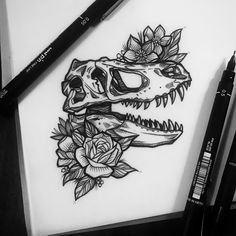 a drawing of a t - rex with flowers on its head and roses in the mouth