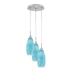 three blue glass lights hanging from a ceiling