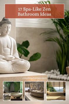 Explore 17 beautiful zen bathroom ideas that incorporate natural stone elements, soothing water features, and a meditative corner to create a spa-like oasis at home. This pin features 4 images showcasing a tranquil bathroom space.