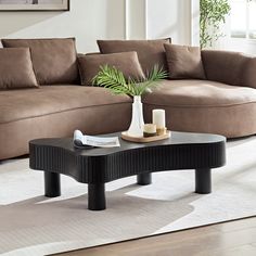 a living room with a couch, coffee table and potted plant in the center