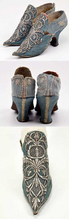 A pair of womens high heel shoes c.1700, Covered with floral blue silk damask . Embroidered in silver thread | Museum Weissenfels - Schloss Neu- Augustusburg Old Shoes, Womens Shoes High Heels