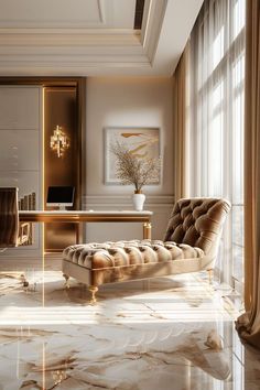 an elegant living room with marble floors and gold accents