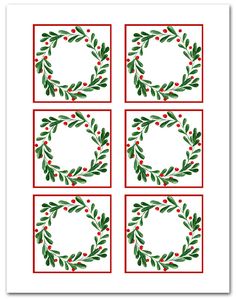 four square frames with holly wreaths and red berries on the corners, all in green