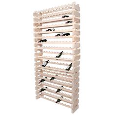 a wooden wine rack filled with lots of bottles