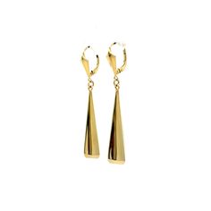 Make a statement with these modern drop earrings in 14 karat yellow gold. With a sleek and minimalist design, these earrings feature a unique pyramid shape that is both eye-catching and lightweight. The high polished yellow gold adds a touch of elegance to the overall look. At the post, a triangle shaped fan adds a subtle touch of detail. These earrings are perfect for adding a touch of modernity to any outfit, from casual to formal. Elevate your style with these stunning drop earrings. Modern Gold Teardrop Earrings For Evening, Elegant 14k Gold Linear Earrings With Polished Finish, Modern Durable Teardrop Earrings For Formal Events, Sleek Gold Earrings For Pierced Ears, Modern Tarnish Resistant Teardrop Earrings For Formal Occasions, Modern Gold Teardrop Earrings For Formal Occasions, Modern Gold Teardrop Earrings For Formal Events, Modern Linear Drop Earrings For Formal Occasions, Modern Yellow Gold Teardrop Linear Earrings