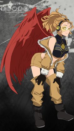 an anime character with large red wings and black boots, standing in front of a dark background