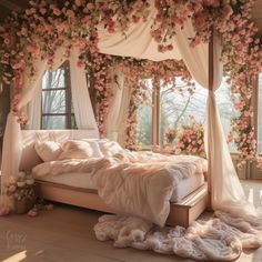 a bed covered in pink flowers next to two windows