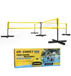 the volleyball goal is set up in front of an advertisement for crissnet 120