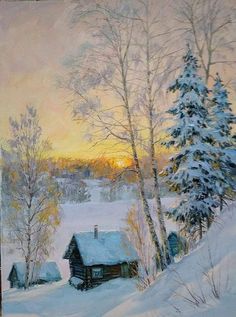 a painting of a cabin in the snow with trees and sun setting behind it,