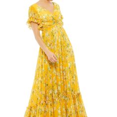 Whimsical Floral Maxi Dress With A Ruched Bodice And Faux-Wrap V-Neckline, Sheer Flutter Sleeves, Pleated Waistband, And A Tiered Flowy Skirt. Ieena For Mac Duggal Chiffon Fabric (100% Polyester) Fully Lined V-Neck Short Sleeve Ruffle Detailing Back Zipper Approx. Length From Shoulder To Hem: 62.5" Available In Yellow Multi And Navy Multi Style #70241 Bust: 36.5" Waist: 28.5" Hips: 39" Evening Dresses Midi, Cocktail Dress Style, Mac Duggal Dresses, Long Sleeve Evening Gowns, Pink Bodycon Dresses, Cocktail Gowns, Pink Floral Dress, Midi Cocktail Dress, Floor Length Gown