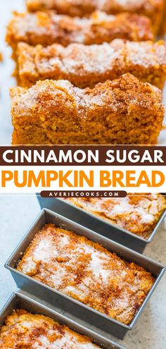 cinnamon sugar pumpkin bread is cut into squares and placed on top of each other in pans