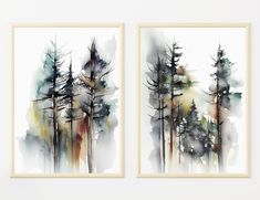 two watercolor paintings with trees in the background