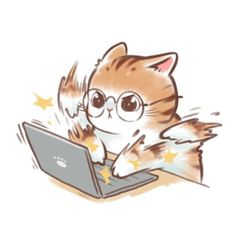 a drawing of a cat with glasses on its head using a laptop computer while flying through the air