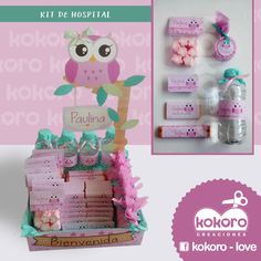 a pink box with an owl on it and other items in front of the package