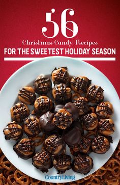 a plate full of chocolate covered pretzels with the words christmas candy recipes for the sweetest holiday season