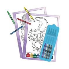 two coloring books with crayons and markers