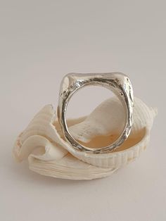 a silver ring sitting on top of a shell