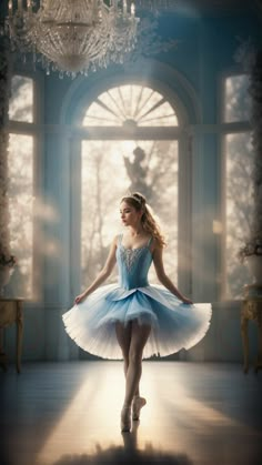 a ballerina in a blue tutu posing for a photo with chandelier