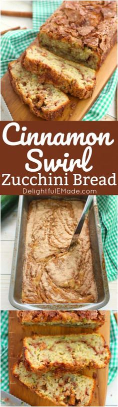 cinnamon swirl zucchini bread is cut into slices and placed on a cutting board