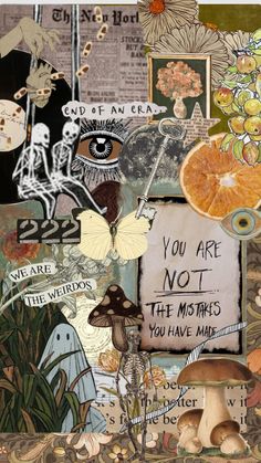 an altered collage with words and pictures on it, such as oranges, mushrooms, butterflies, flowers, etc