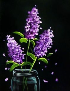 a painting of purple flowers in a glass jar