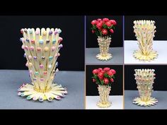 four different views of decorative vases made out of toothpicks and plastic beads